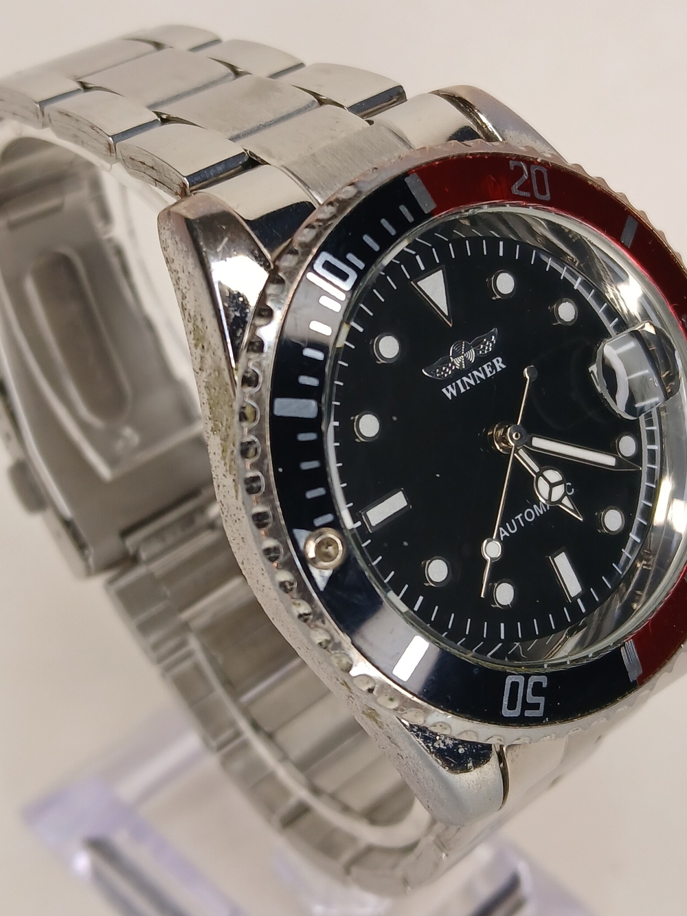 Winner Automatic Submariner Style Watch Black Dial Red Black Bezel Stainless